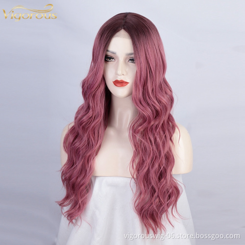 Vigorous Wholesale High quality Top grade Ombre dark red color super long body wave lace front synthetic hair wigs
